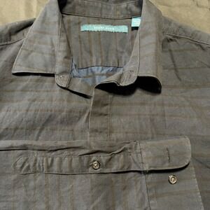 Perry Ellis Mens M Navy Blue Striped LongSleeve Placket Button Down Cotton Shirt